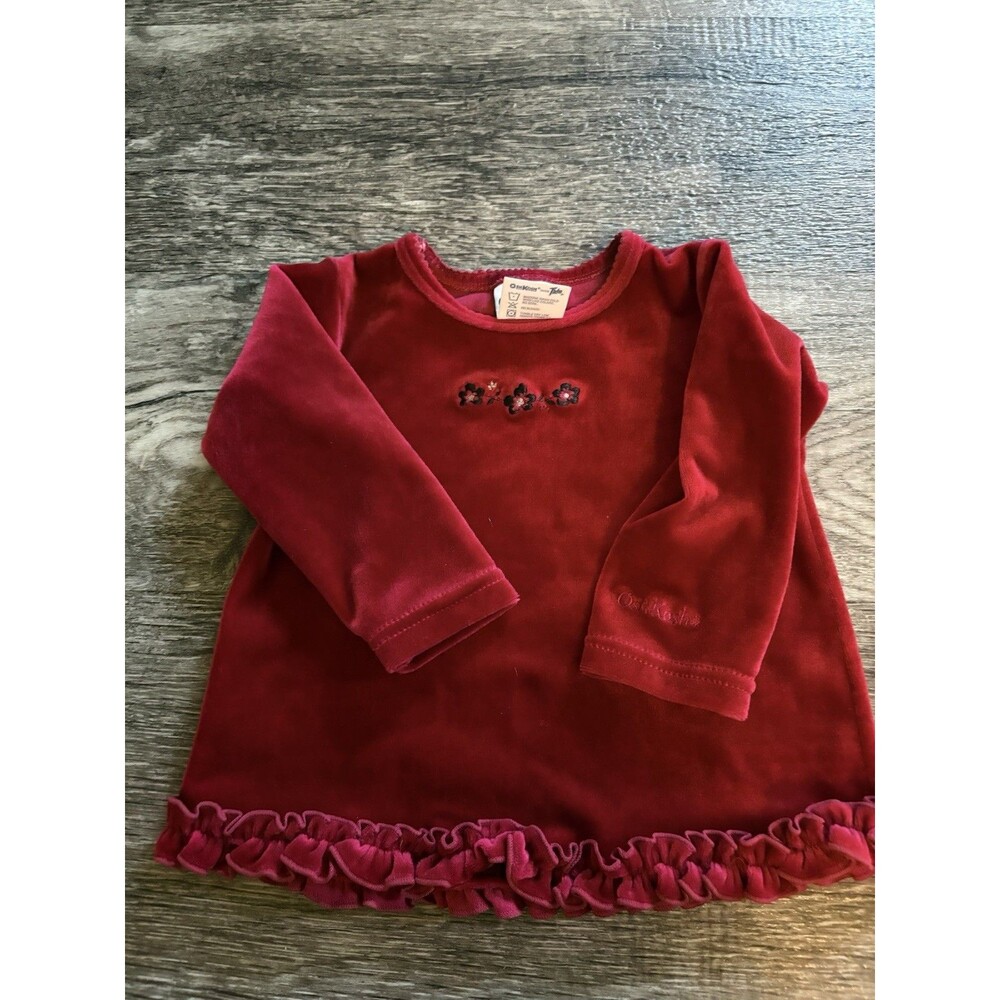 Vintage 90s OshKosh B'gosh Red Velour Ruffle Tunic Top 12 Months Trusts Tide Tag